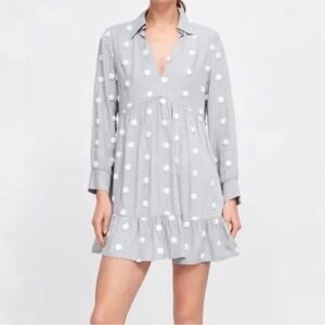 Zara Preppy Polka Dot Gray Collared Tunic Dress Size Small